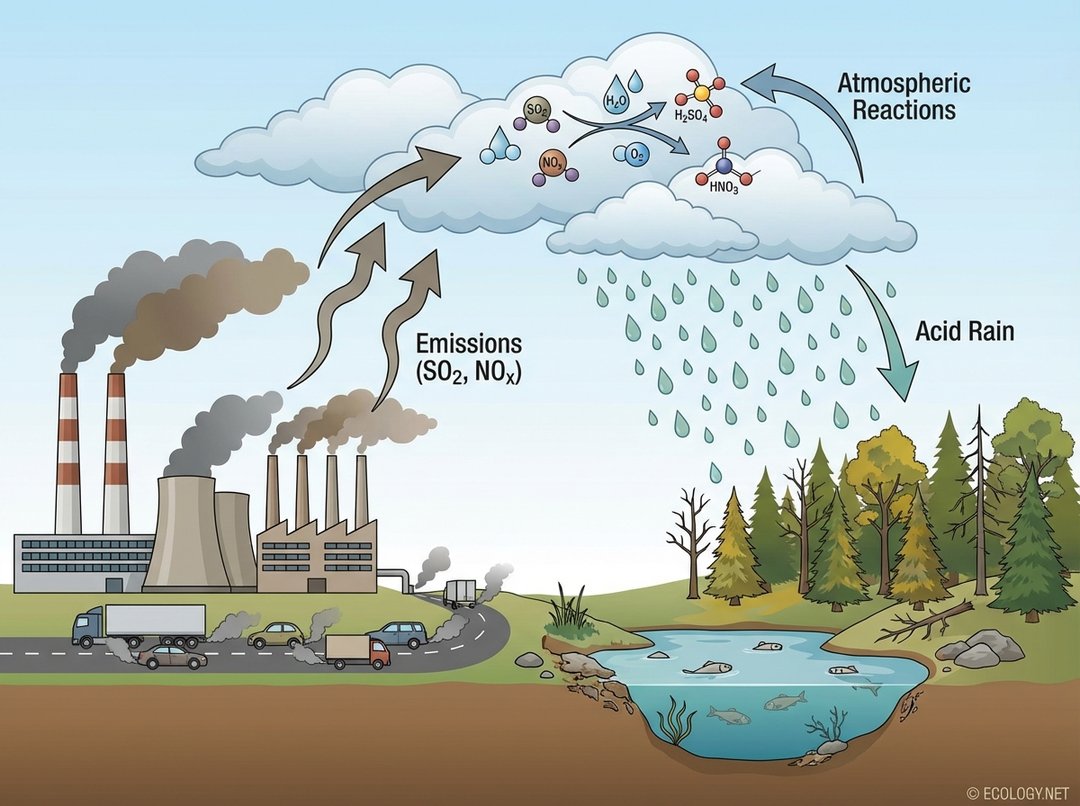 Diagram illustrating the formation of acid rain from industrial emissions to precipitation.