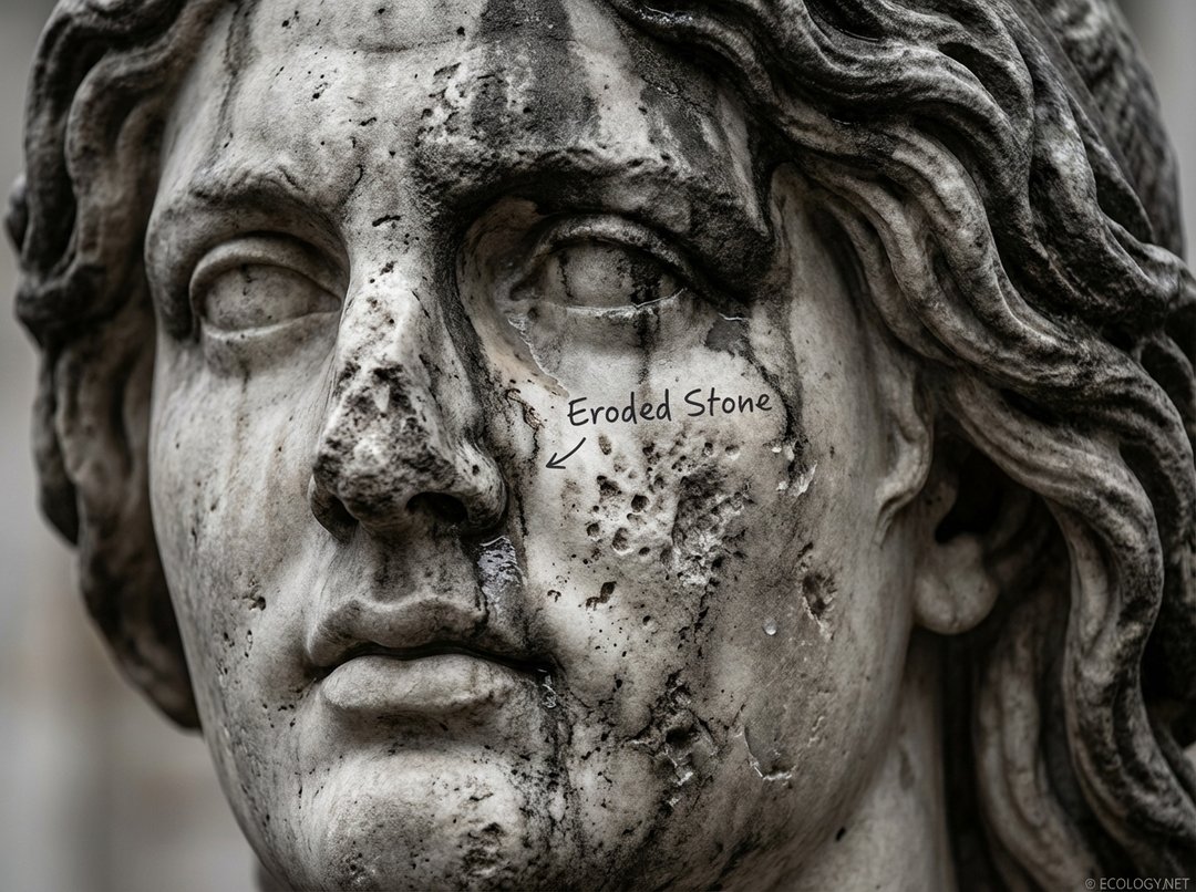 Close-up of an ancient stone statue with visible erosion and pitting caused by acid rain.