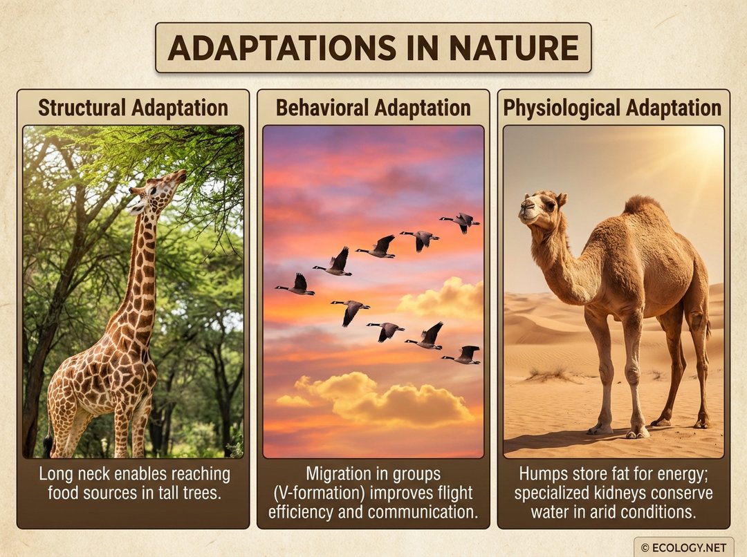Diagram illustrating structural, behavioral, and physiological adaptations with examples like a giraffe, flying birds, and a camel.