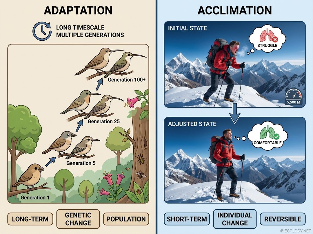 Comparative diagram distinguishing adaptation from acclimation, showing evolutionary change versus individual adjustment.