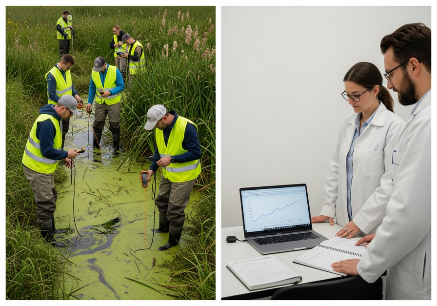 Field team collecting water flow data in a wetland and analyzing it on a laptop, illustrating adaptive management's assessment and monitoring phases.