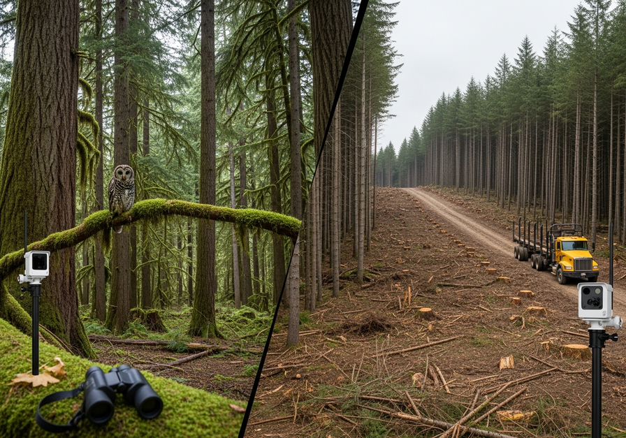 Split-screen showing dense old-growth forest with a spotted owl and a lightly logged area, both with monitoring cameras, demonstrating adaptive forest management scenarios.
