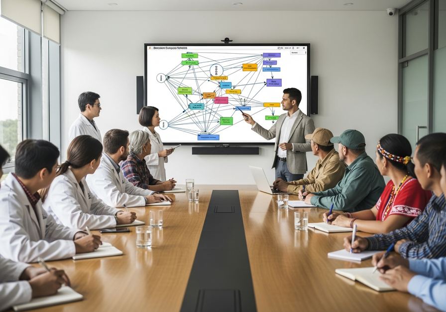 Stakeholders in a conference room discussing a Bayesian network diagram on a large screen, illustrating collaborative decision-making in adaptive management.