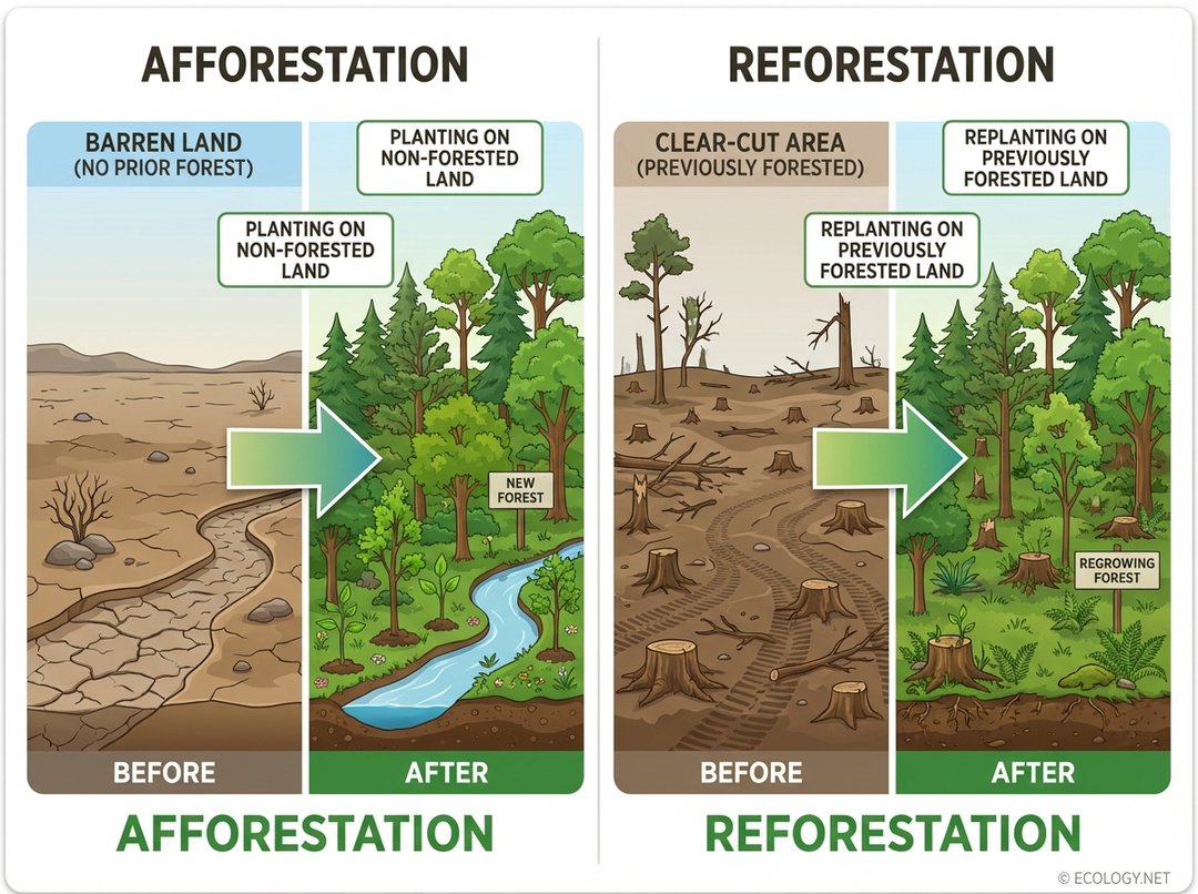 Diagram comparing afforestation, showing a barren land becoming a new forest, and reforestation, showing a clear-cut area regrowing into a forest.