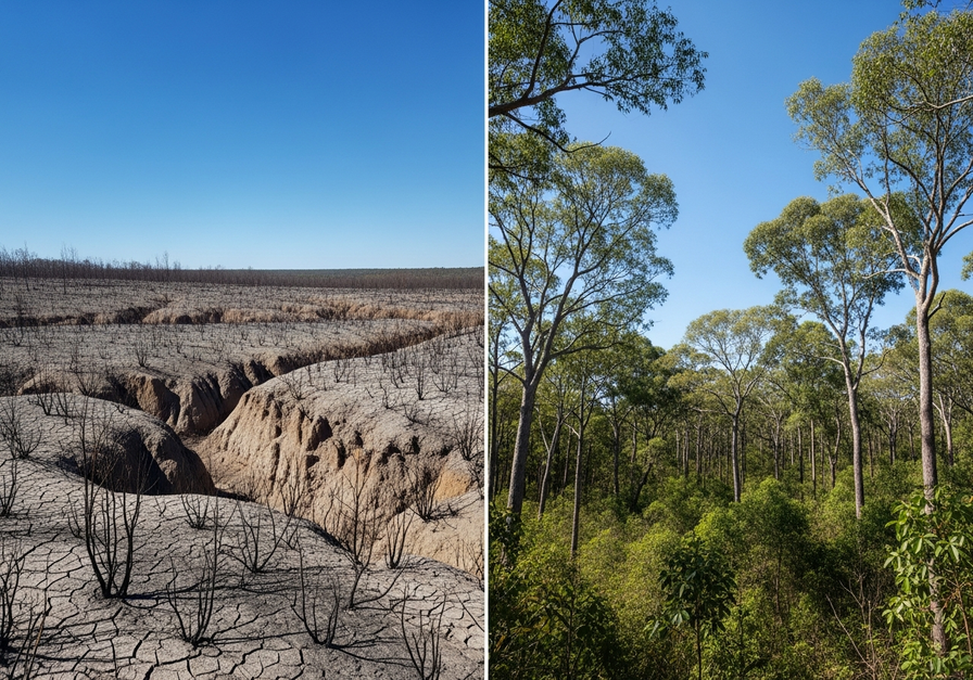 Split screen showing a barren, eroded landscape on the left and a lush, diverse forest on the right, illustrating afforestation's transformative power.