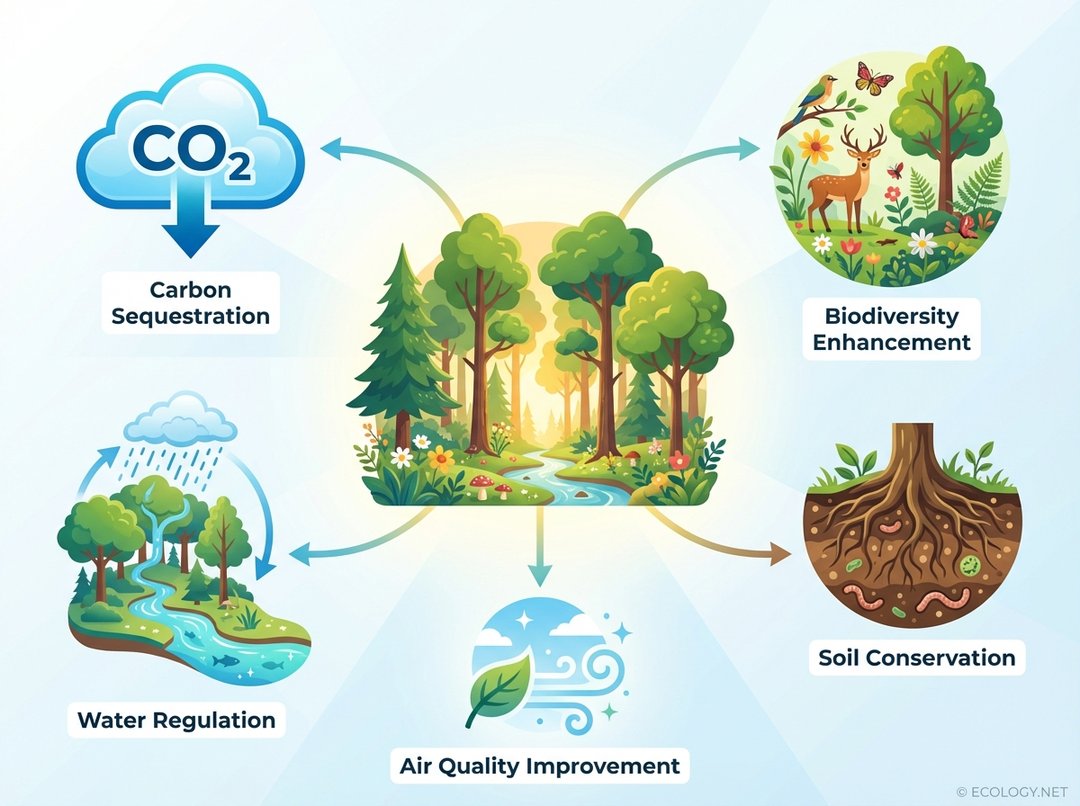 Infographic illustrating ecological benefits of afforestation: carbon sequestration, biodiversity enhancement, soil conservation, water regulation, and air quality improvement.