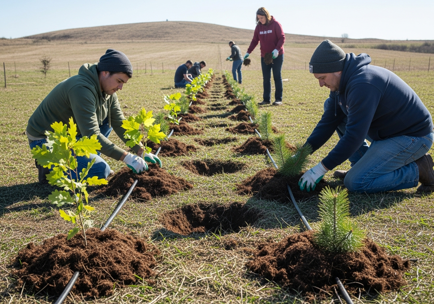 Local community members planting various tree seedlings on a former pasture, highlighting collaborative afforestation efforts.
