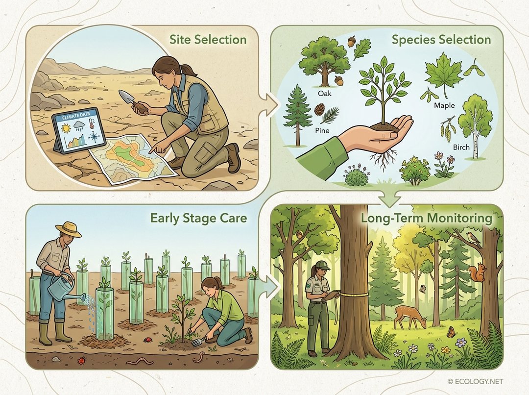 Diagram showing the four key stages of afforestation: site selection, species selection, early stage care, and long-term monitoring.
