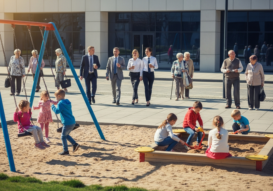 A bustling city street showing children playing, adults walking to work, and elderly people strolling, illustrating diverse age groups coexisting.