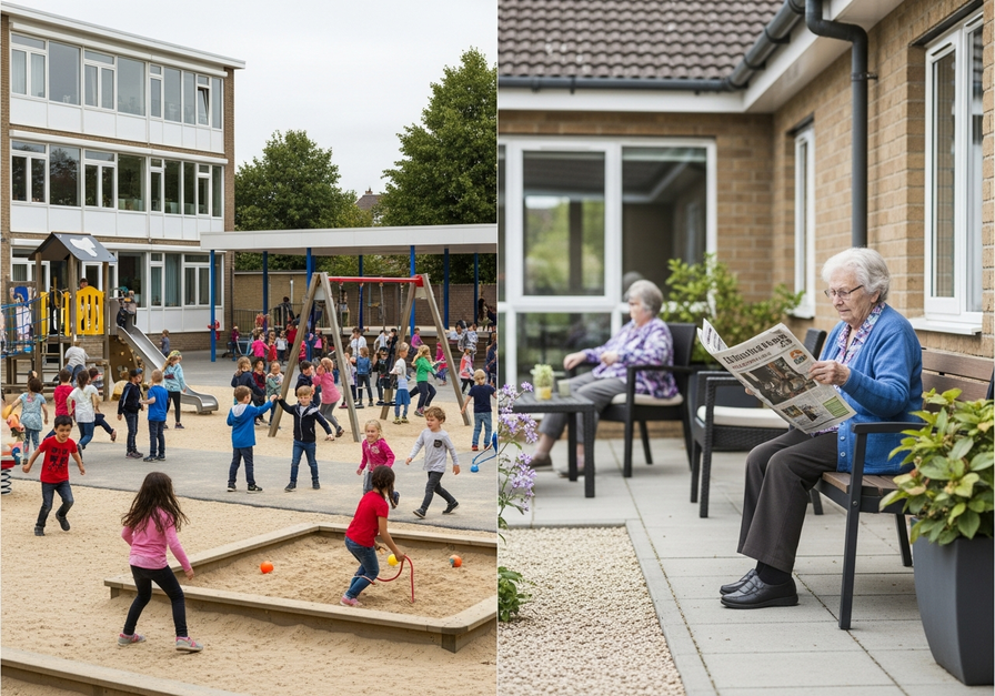 A split-screen image contrasting a vibrant school playground with children playing on the left, and a quiet senior community center with an elderly woman reading on the right, illustrating youthful versus aging populations.