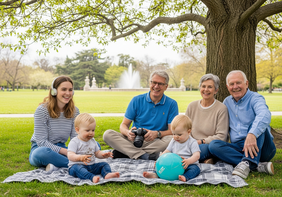 A multi-generational family having a picnic in a park, with toddlers, a teenager, middle-aged adults, and elderly individuals, representing diverse age groups within a household.