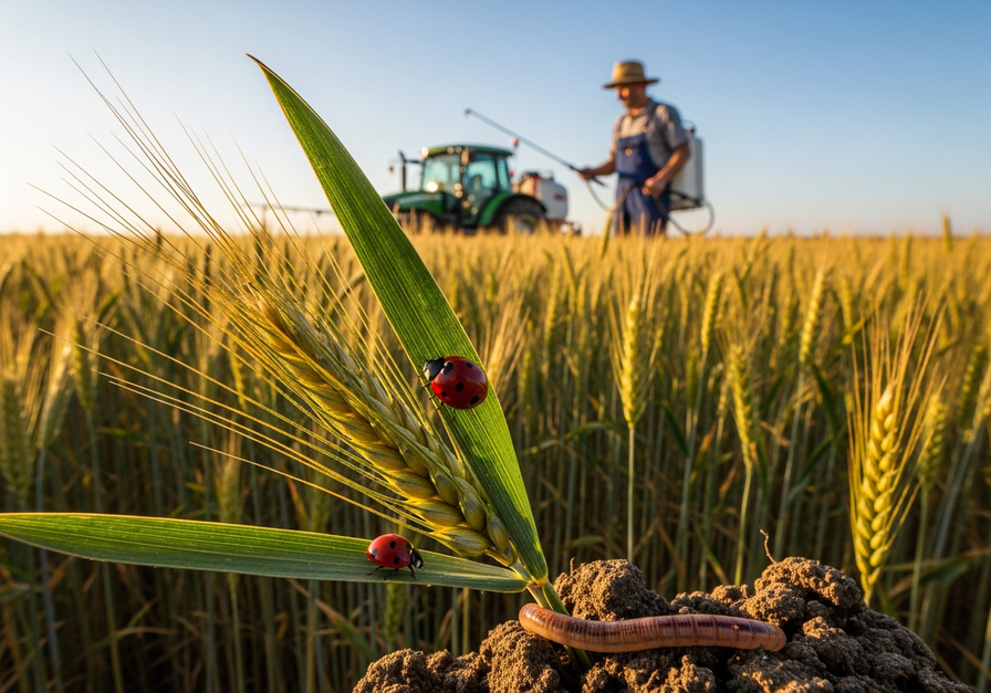 A close-up of a wheat field showing a ladybug, earthworm, wheat stems, and a farmer with a sprayer in the background, illustrating an agroecosystem's components.