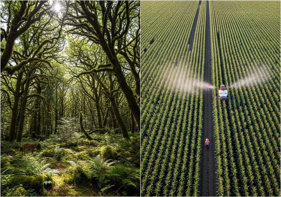 A split image contrasting a lush natural forest with diverse plants and a deer on the left, and a uniform cornfield with a farmer spraying pesticides on the right, highlighting biodiversity differences.