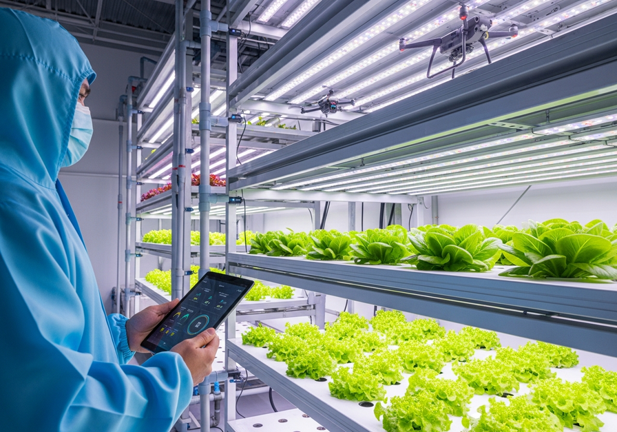 A modern vertical farm interior with stacked hydroponic beds, LED lights, a farmer with a tablet, and a drone, showcasing precision agriculture and sustainable technology.