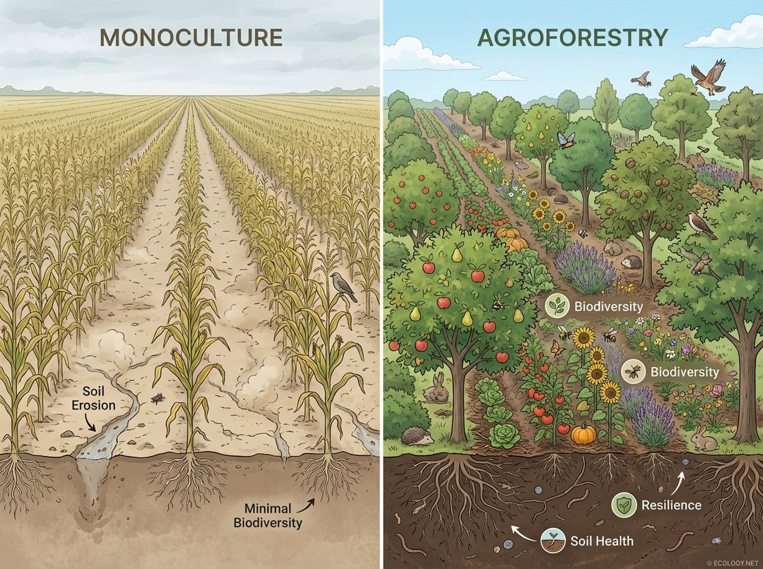 An illustrative diagram comparing a barren monoculture field with a vibrant, diverse agroforestry system, highlighting benefits like biodiversity and soil health.