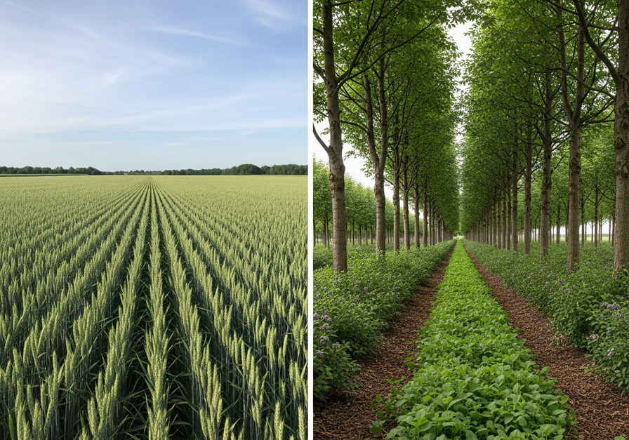 A split-screen image contrasting a flat, uniform wheat field on the left with a multi-layered agroforestry system on the right, featuring trees, shrubs, and crops.