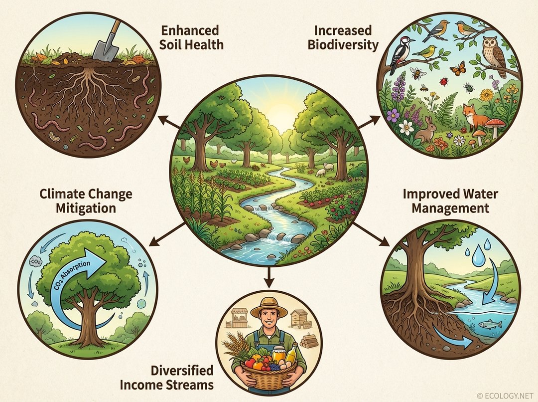 A diagram showing an agroforestry landscape with radiating icons representing benefits such as enhanced soil health, increased biodiversity, and CO2 absorption.