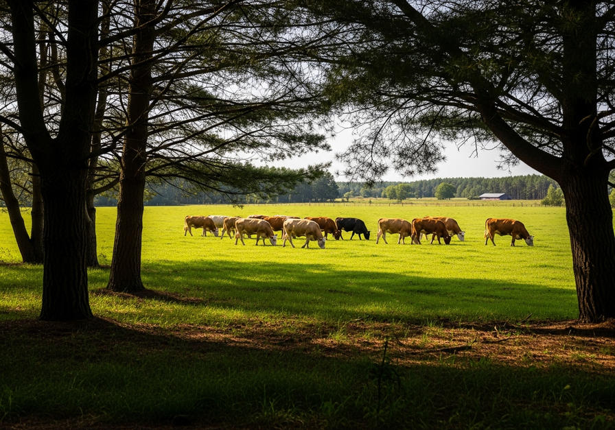 Cattle grazing on lush green pasture beneath a canopy of tall pine trees, illustrating a silvopasture system.