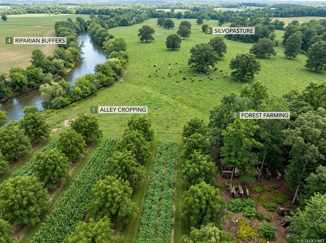 A photo-realistic image depicting four distinct agroforestry systems: alley cropping, forest farming, silvopasture, and riparian buffers.