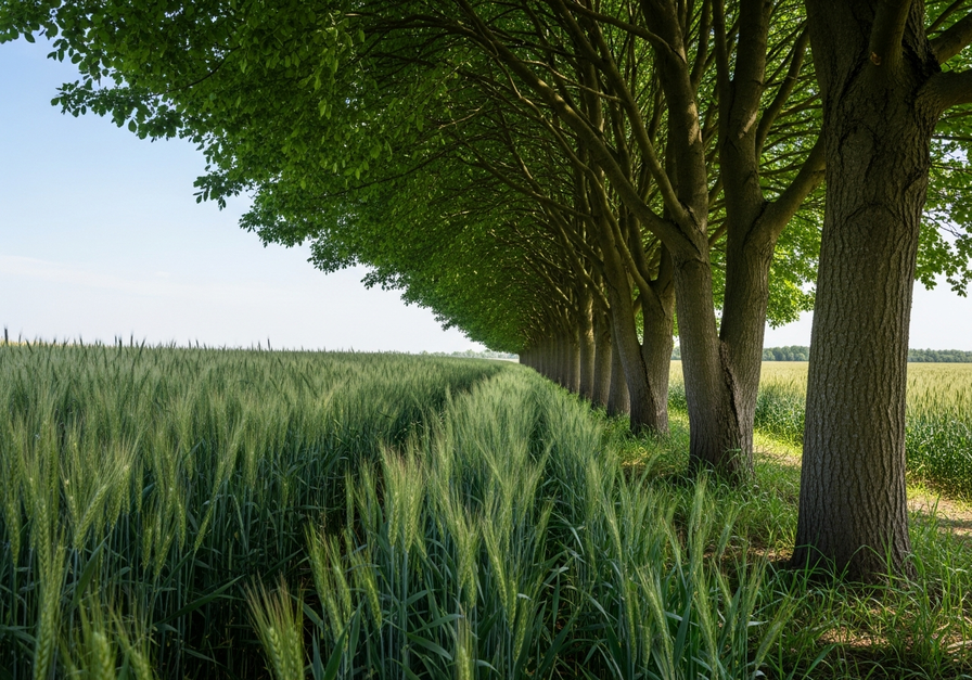 A dense row of black locust trees forming a windbreak along the edge of a wheat field, protecting the crops.