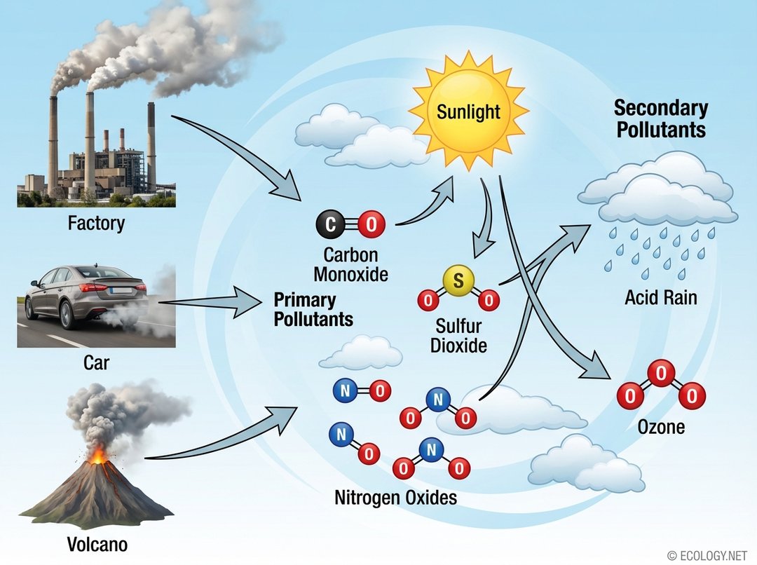 Diagram illustrating primary pollutants from factories, cars, and volcanoes forming secondary pollutants like ozone and acid rain in the atmosphere.