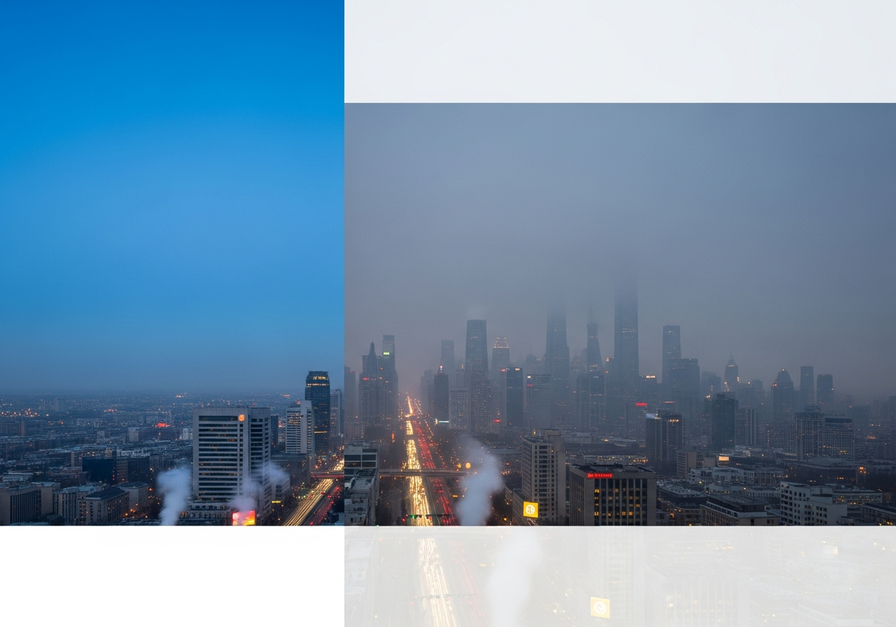 A city skyline showing clear sky on the left and dense smog obscuring skyscrapers on the right, illustrating air pollution's visual impact.