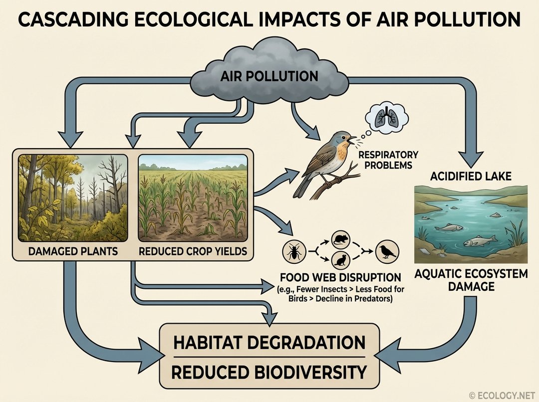 Diagram showing air pollution impacting plants, crops, animals, food webs, and leading to acidified lakes and reduced biodiversity.