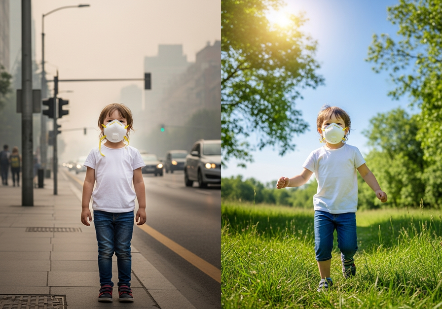 A split image showing a child wearing a mask in a smoggy city on the left, and the same child smiling in a clear, green meadow on the right, highlighting health risks and benefits.