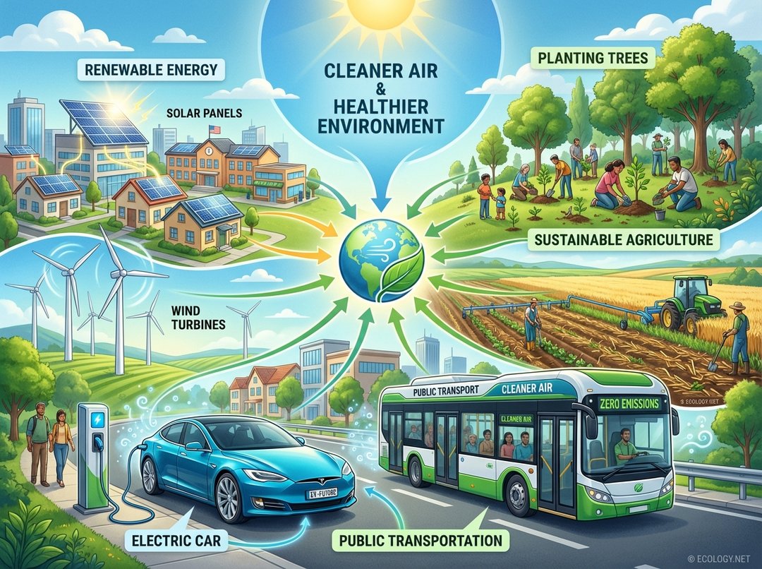 Illustrative diagram showcasing solutions to air pollution, including solar panels, wind turbines, electric cars, public transport, tree planting, and sustainable agriculture.