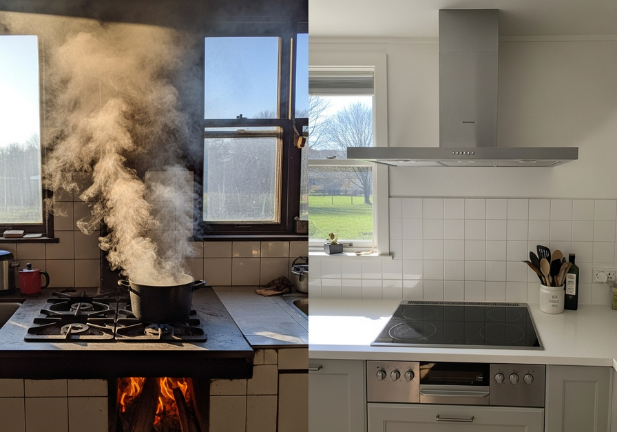 A split image of a kitchen, showing thick smoke from a wood stove on the left and clear air with a modern induction stove and vent hood on the right, demonstrating indoor air quality improvements.