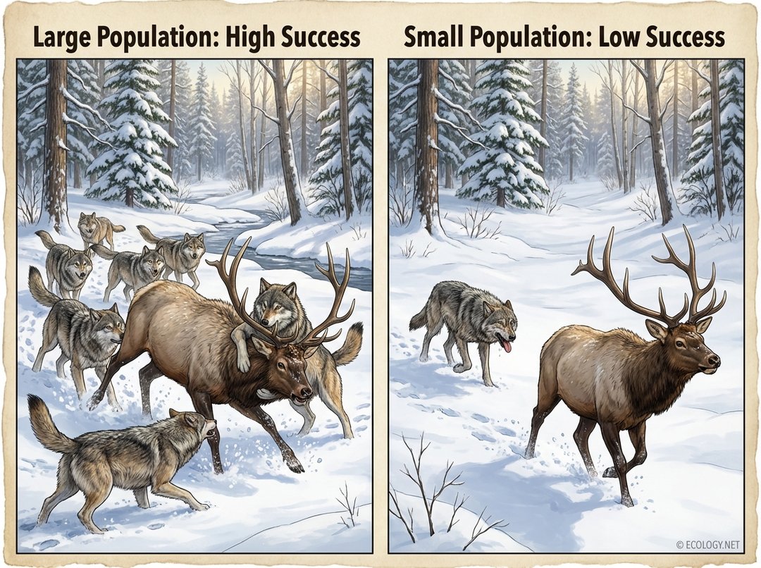 Diagram showing a wolf pack successfully hunting an elk versus a single wolf failing, illustrating the benefits of group size.