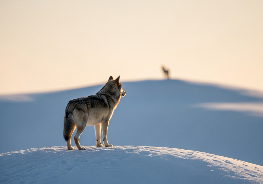 A lone gray wolf on a snowy hill at dawn, looking towards a distant wolf silhouette, illustrating mate-finding difficulty.