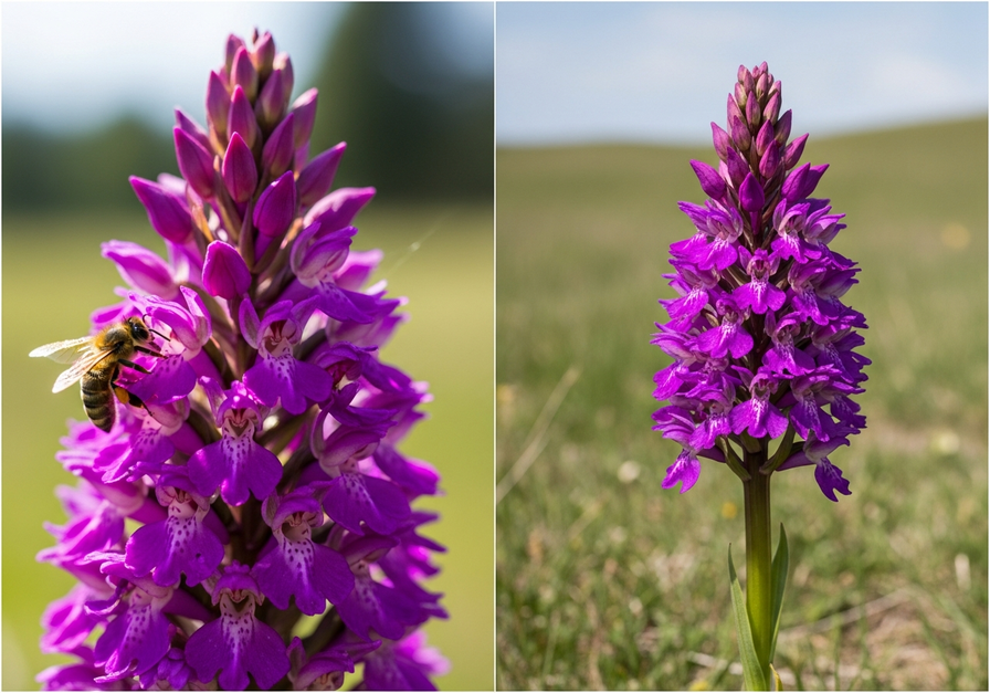 Split-screen showing an orchid with a bee (left) and the same orchid isolated without bees (right), demonstrating pollination challenges.