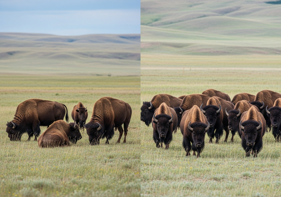 Split-screen showing a small bison herd (left) and a large defensive herd (right), highlighting reduced predator defense in small groups.