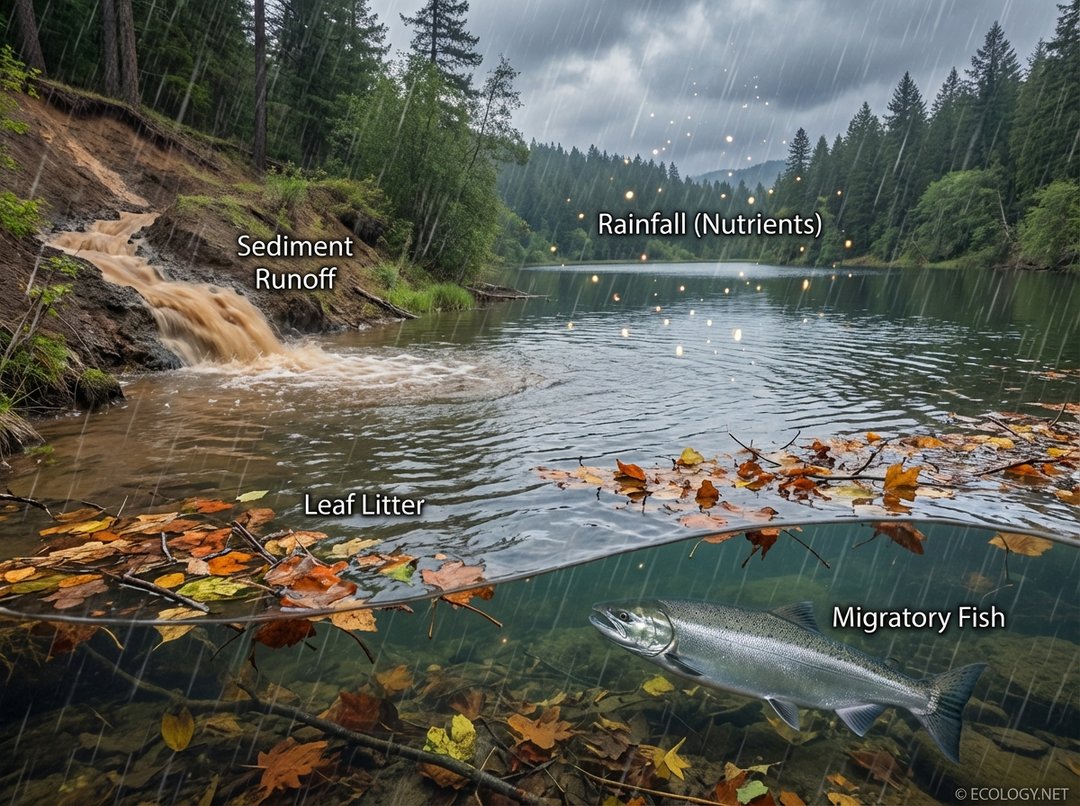 Composite image illustrating common allochthonous inputs: leaf litter, sediment runoff, rainfall, and a migratory fish entering a stream.