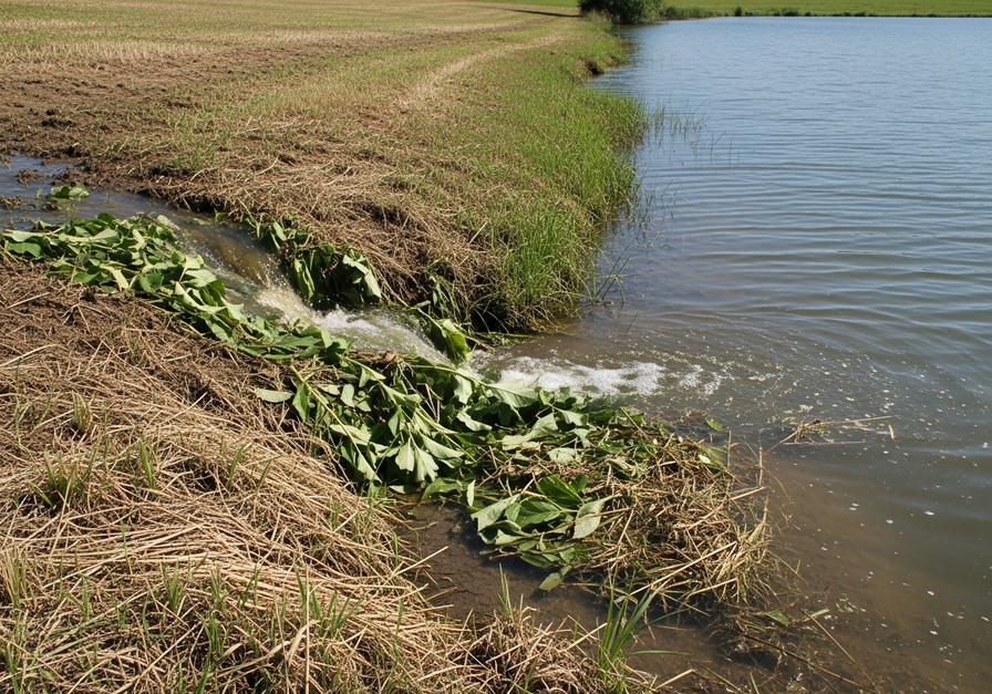 Agricultural Runoff into a Freshwater Lake: Runoff carrying organic matter and nutrients from a field into a lake.