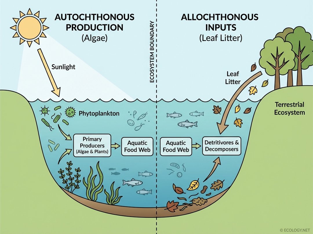 Diagram comparing allochthonous inputs (leaf litter from outside) and autochthonous production (algae growth from sunlight within) in a lake ecosystem.