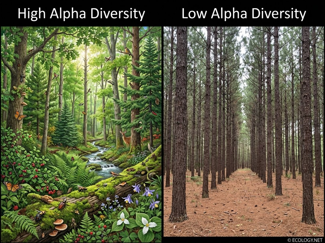 A split image showing a high alpha diversity forest with many species on the left and a low alpha diversity forest with few species on the right.