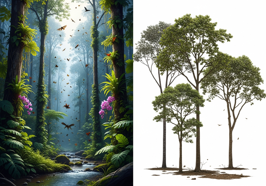 A split screen photograph taken by the same landscape photographer at dawn. The left half shows a dense, lush tropical rainforest: towering mahogany and kapok trees, a rich understory of ferns and orchids, a canopy dotted with colorful birds and butterflies, and a stream with water insects. The right half shows a fragmented, secondary forest: a few scattered broadleaf trees, mostly one species, sparse understory, a small patch of bare ground, and a few insects, lacking the vibrant biodiversity of the left. Both sides are captured in natural light with no retouch or annotations.