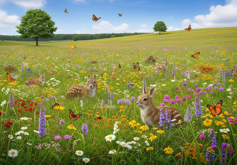 A wide angle, ground level photo of a temperate meadow at midday. The scene includes a patchwork of grass species, wildflowers of various colors, a diverse array of butterflies and bees, and a few small mammals grazing. No single plant species dominates; the vegetation is evenly distributed. The composition captures the richness and evenness of species present, with natural lighting and realistic textures.