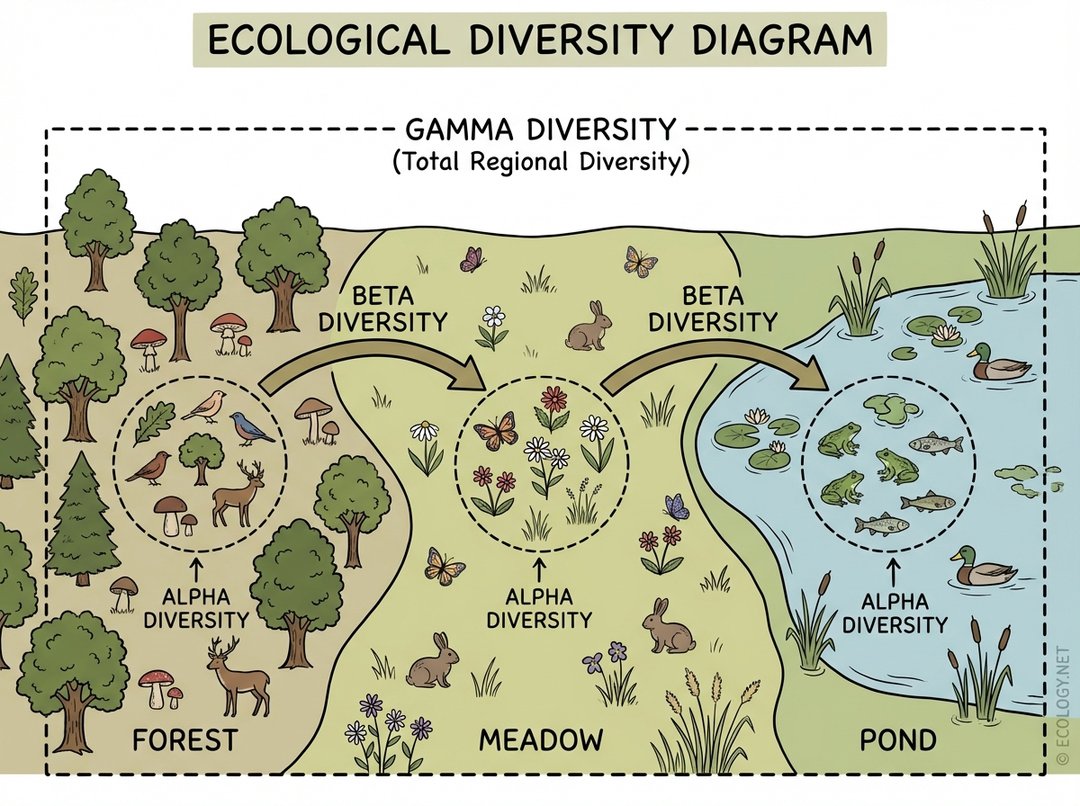 An illustrative diagram showing alpha diversity within communities, beta diversity between communities, and gamma diversity across an entire region.