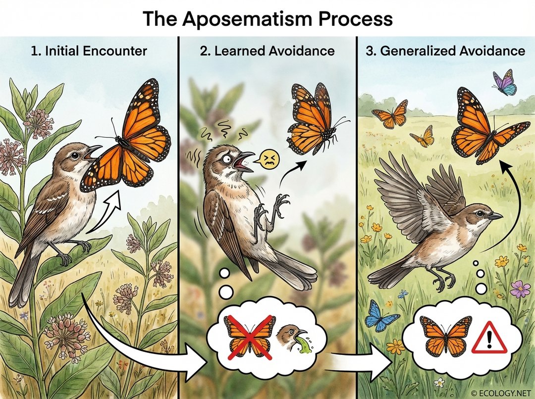 Diagram illustrating the three-step learning process of aposematism: initial encounter, learned avoidance, and generalized avoidance by a bird predator.