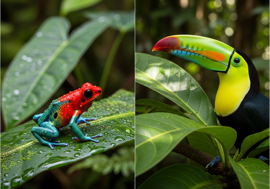 A bright green and red poison dart frog on a mossy leaf, observed by a curious tropical bird, illustrating aposematic warning.