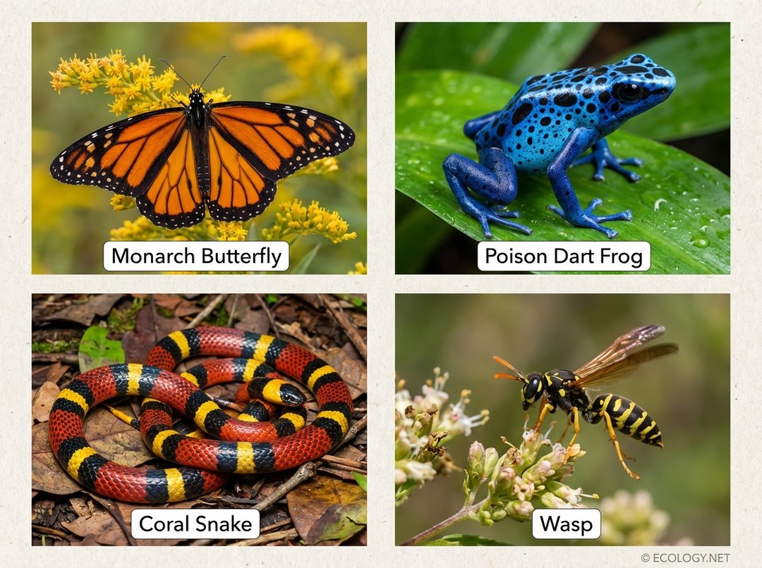 Collage of diverse aposematic animals: Monarch butterfly, Poison Dart Frog, Coral Snake, and Wasp, all displaying warning coloration.