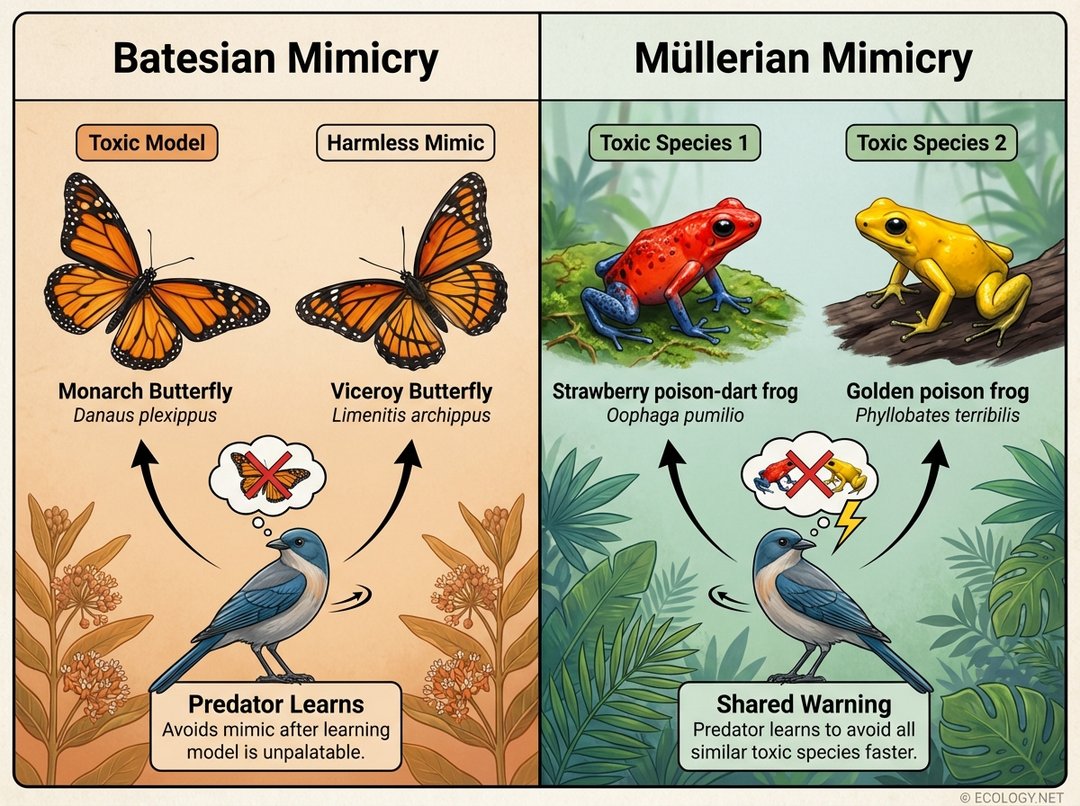 Diagram comparing Batesian mimicry (harmless Viceroy mimicking toxic Monarch) and Müllerian mimicry (two toxic Poison Dart Frogs sharing a warning signal).