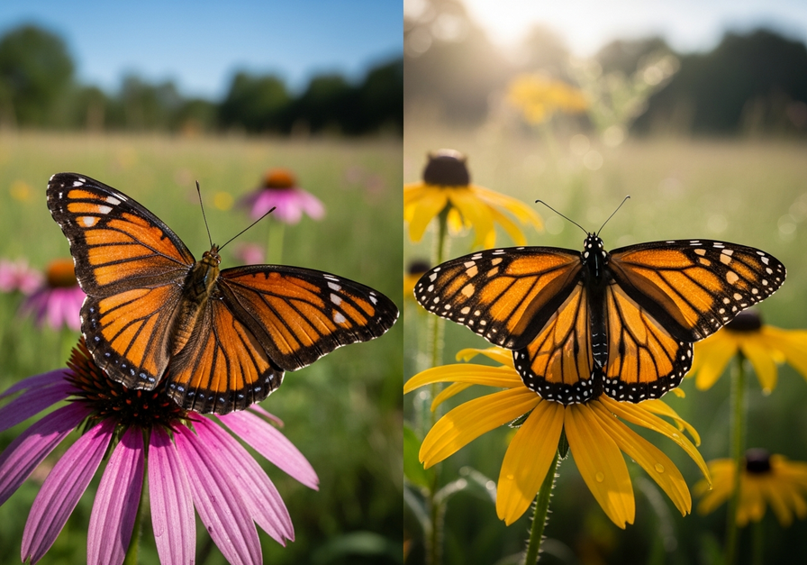 Side by side view of a Viceroy butterfly and a Monarch butterfly on wildflowers, showcasing their similar warning patterns for mimicry.