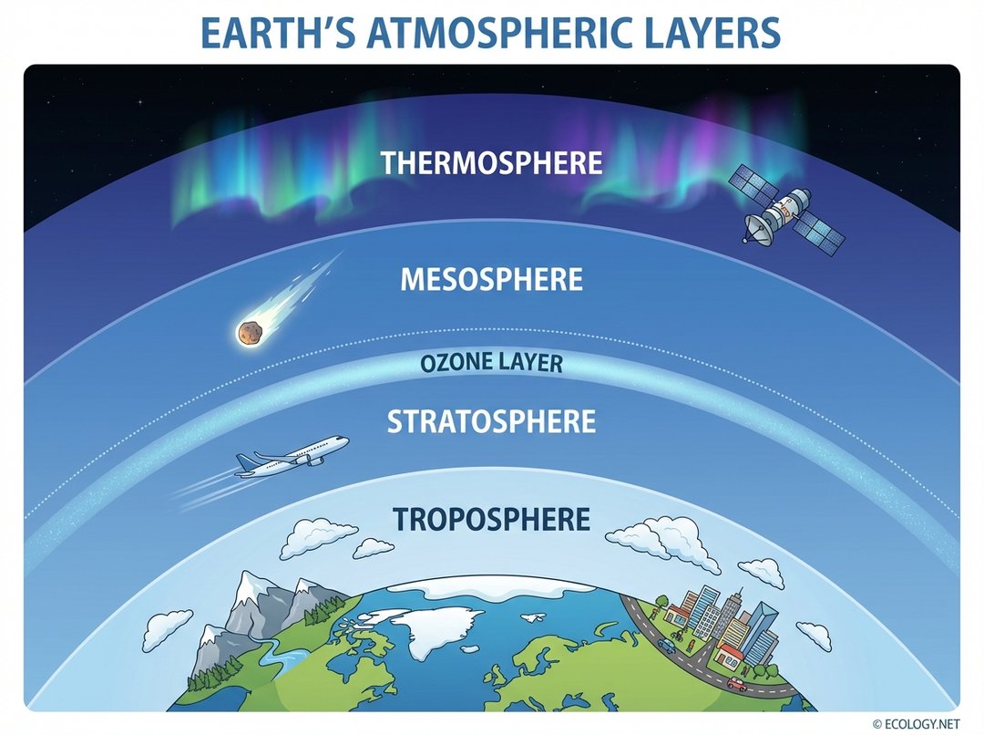 Illustrative diagram showing Earth's atmospheric layers: Troposphere with clouds and city, Stratosphere with airplane and ozone layer, Mesosphere with meteor, and Thermosphere with auroras and satellite.