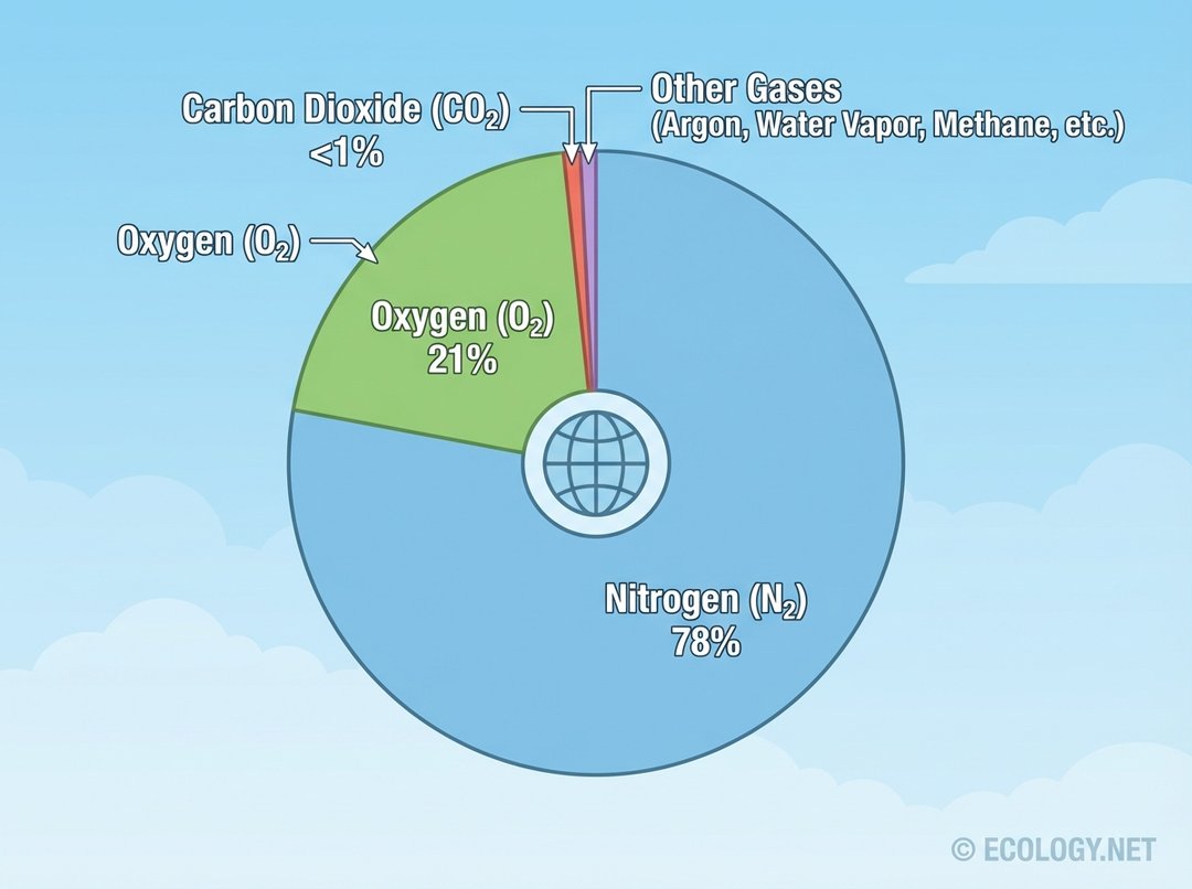 Pie chart illustrating the composition of Earth's atmosphere, showing Nitrogen (N2) as 78%, Oxygen (O2) as 21%, Carbon Dioxide (CO2) as less than 1%, and Other Gases as less than 1%.