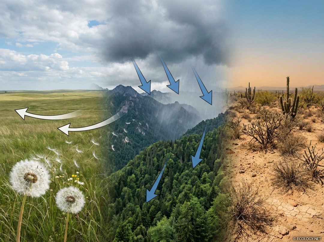 Photo-realistic landscape showing various ecological impacts of atmospheric processes: wind dispersing dandelion seeds, rain falling on a lush forest, and a desert biome illustrating climate zones.