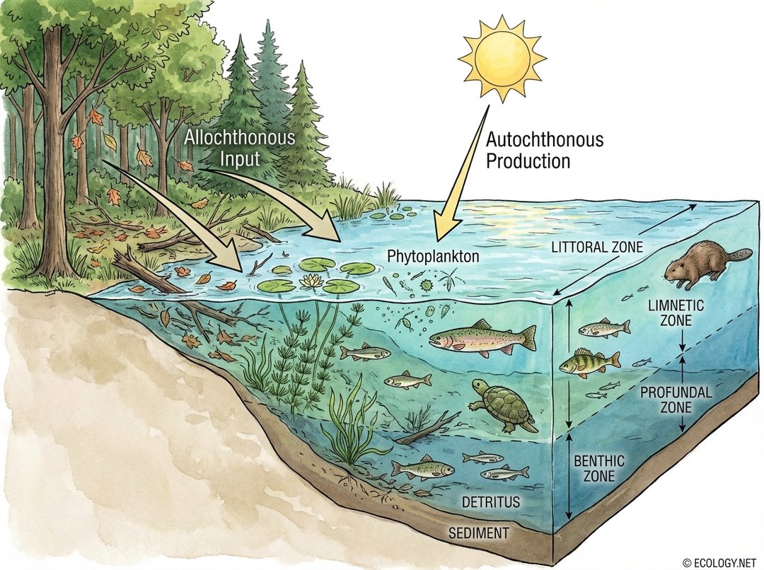 Diagram illustrating autochthonous production within a lake from sunlight and allochthonous input from surrounding forest.